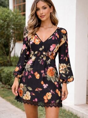 Philosophy Black Floral V-Neck Mini Dress